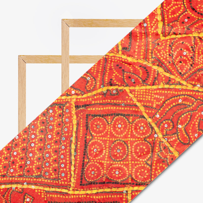 Red And Yellow Bandhani Pattern Digital Printed Japan Satin Fabric (Width 58 Inches) - Fabcurate