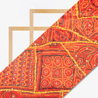 Red And Yellow Bandhani Pattern Digital Printed Japan Satin Fabric (Width 58 Inches) - Fabcurate