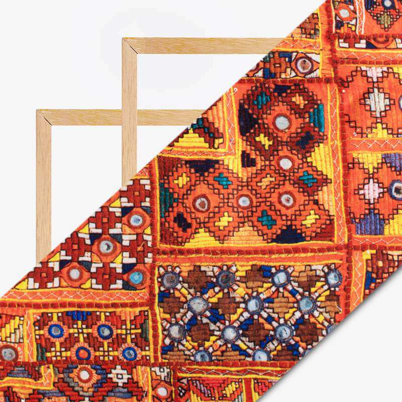 Orange Gamthi Pattern Digital Printed Japan Satin Fabric - Fabcurate