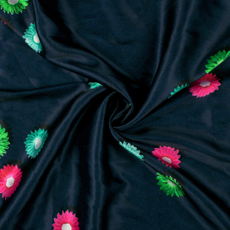 Dark Blue And Fuchsia Pink Gamthi Pattern Digital Printed Japan Satin Fabric - Fabcurate