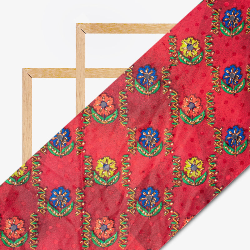 Red And Blue Gamthi Pattern Digital Printed Jacquard Booti Japan Satin Fabric (Width 58 Inches) - Fabcurate