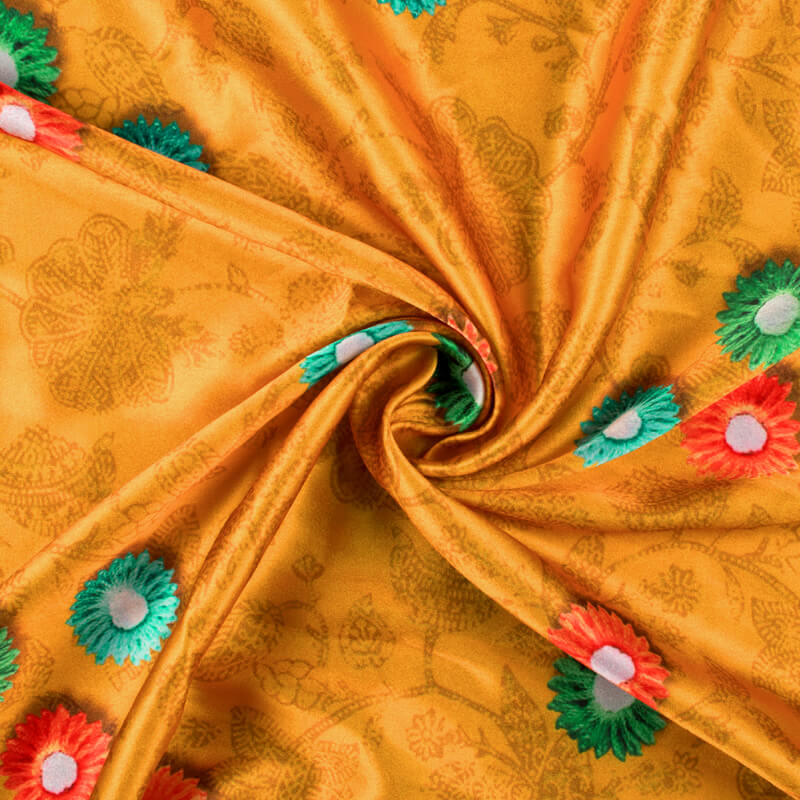 Honey Yellow And Turquoise Green Gamthi Pattern Digital Printed Japan Satin Fabric - Fabcurate