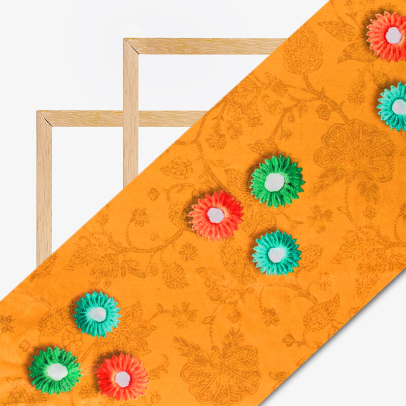 Honey Yellow And Turquoise Green Gamthi Pattern Digital Printed Japan Satin Fabric - Fabcurate