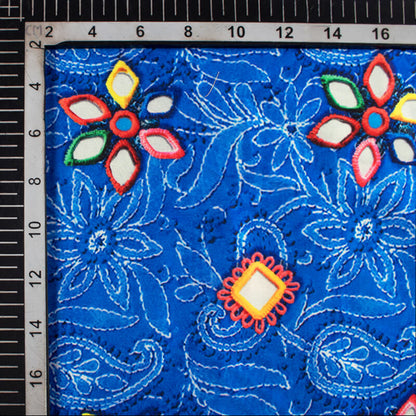Royal Blue And Coral Peach Gamthi Pattern Digital Printed Japan Satin Fabric - Fabcurate