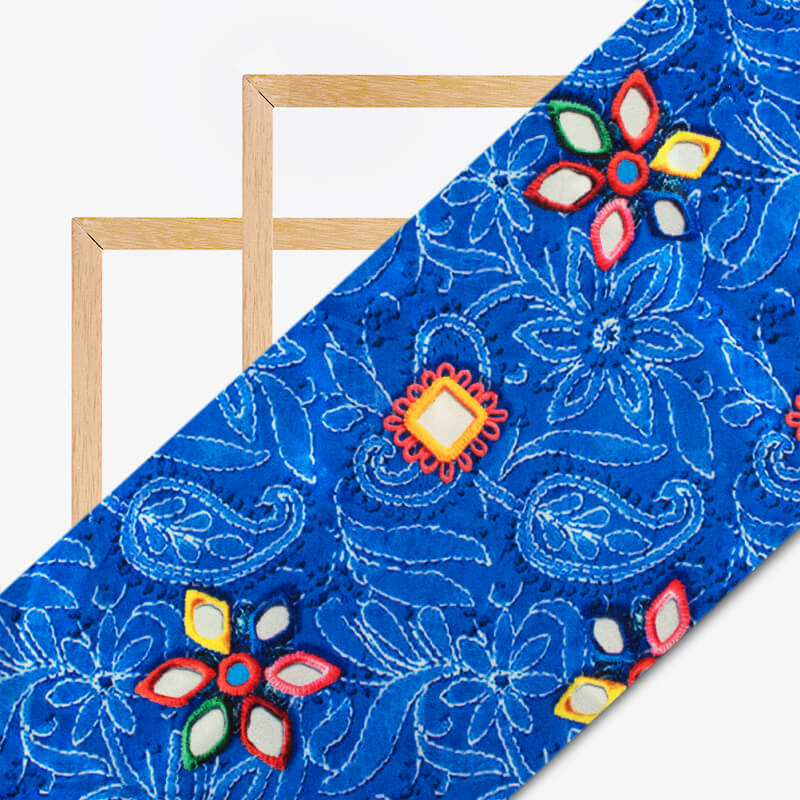 Royal Blue And Coral Peach Gamthi Pattern Digital Printed Japan Satin Fabric - Fabcurate