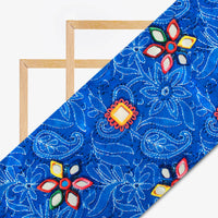 Royal Blue And Coral Peach Gamthi Pattern Digital Printed Japan Satin Fabric - Fabcurate