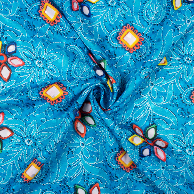 Sky Blue And Coral Peach Gamthi Pattern Digital Printed Jacquard Booti Japan Satin Fabric (Width 58 Inches) - Fabcurate