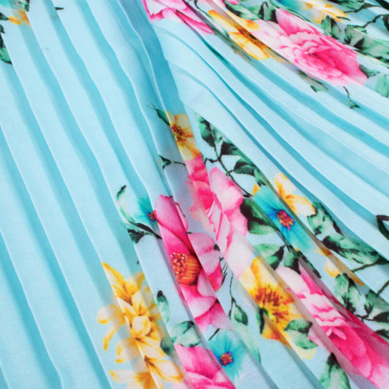 Sky Blue And Pink Floral Pattern Digital Print Rayon Pleated Fabric