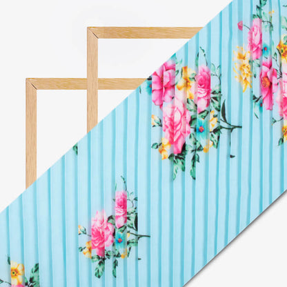 Sky Blue And Pink Floral Pattern Digital Print Rayon Pleated Fabric