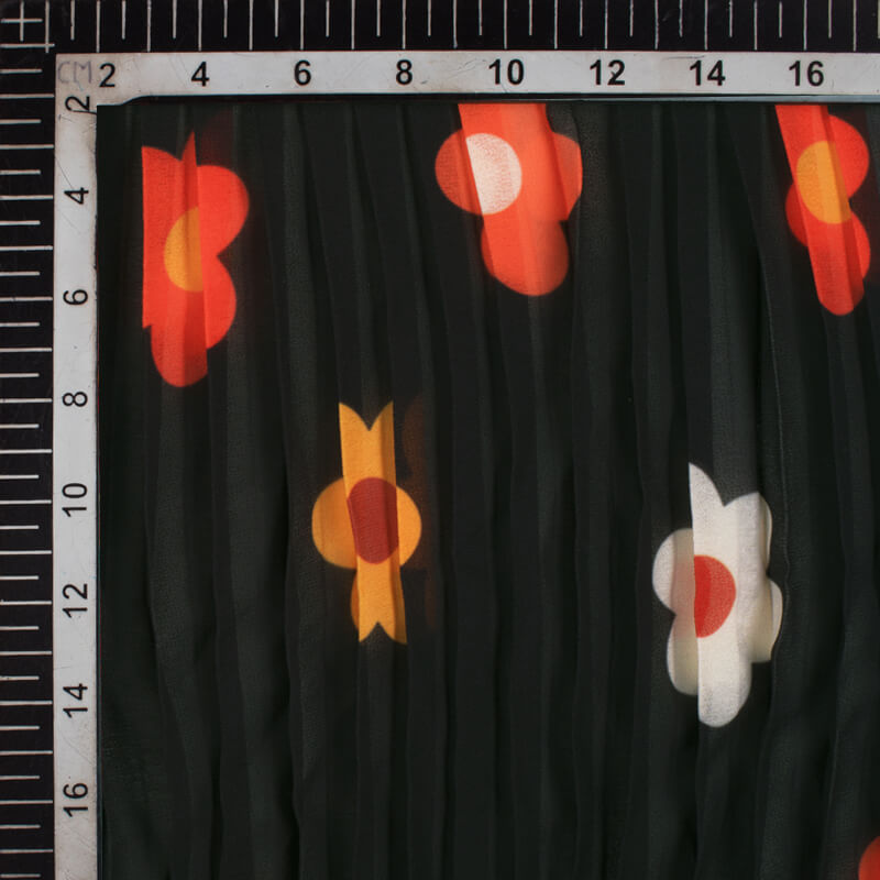 Black And Orange Floral Pattern Digital Print Georgette Pleated Fabric - Fabcurate