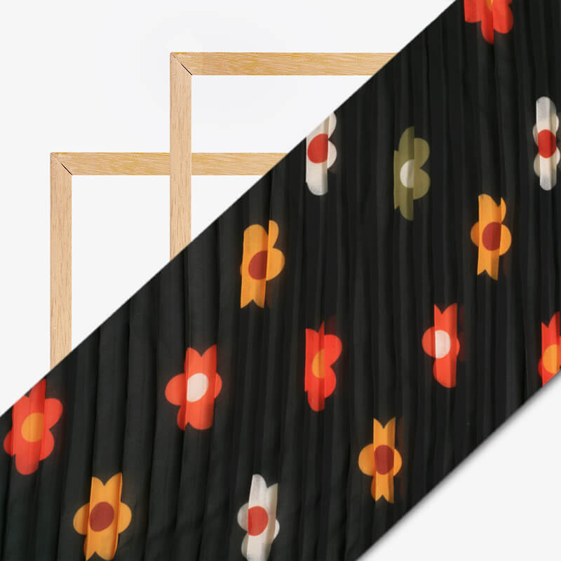 Black And Orange Floral Pattern Digital Print Georgette Pleated Fabric - Fabcurate