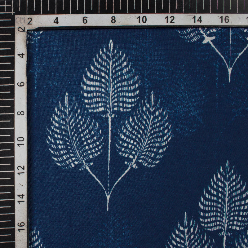Navy Blue And White Leaf Pattern Digital Printed Muslin Fabric - Fabcurate