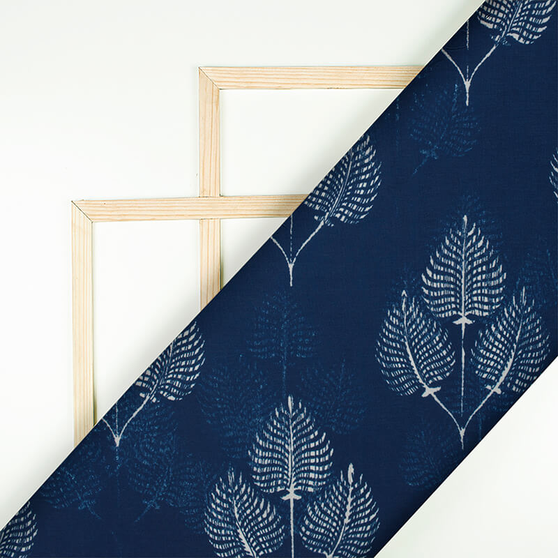 Navy Blue And White Leaf Pattern Digital Printed Muslin Fabric - Fabcurate