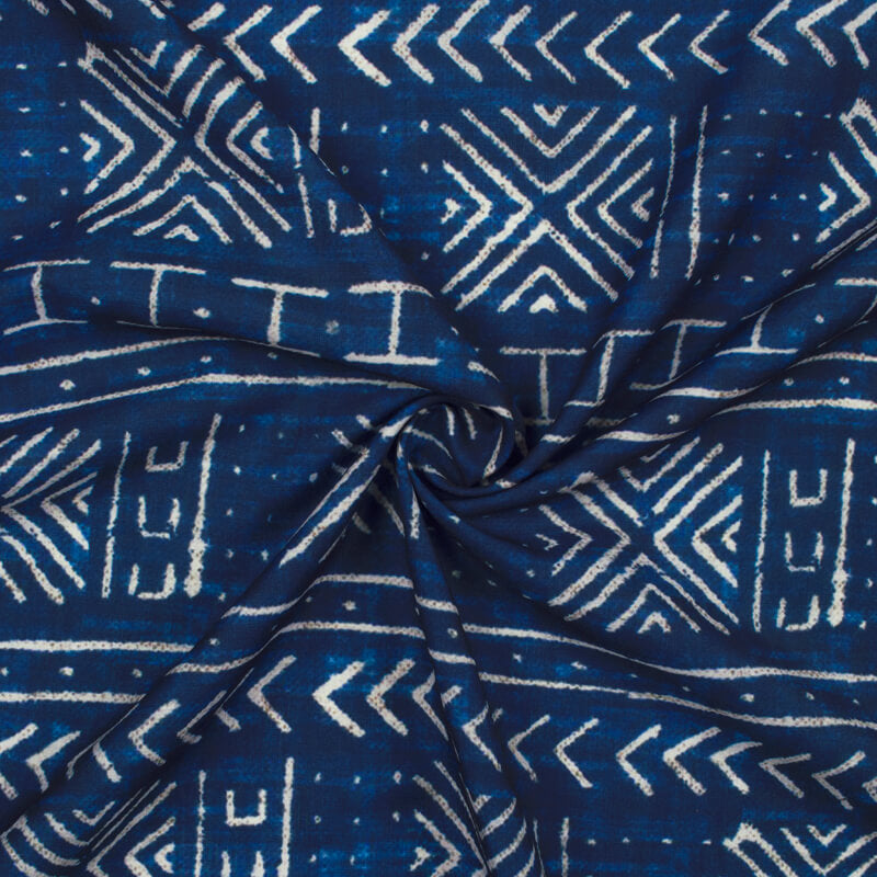 Navy Blue And White Geometric Pattern Digital Printed Muslin Fabric - Fabcurate