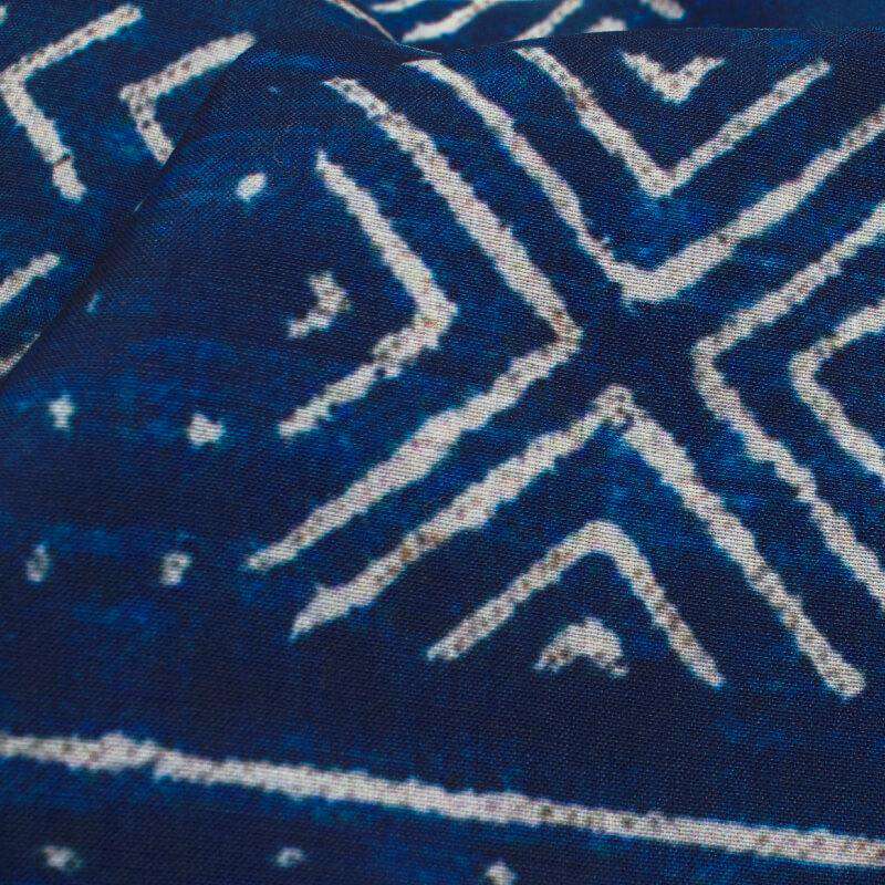 Navy Blue And White Geometric Pattern Digital Printed Muslin Fabric - Fabcurate