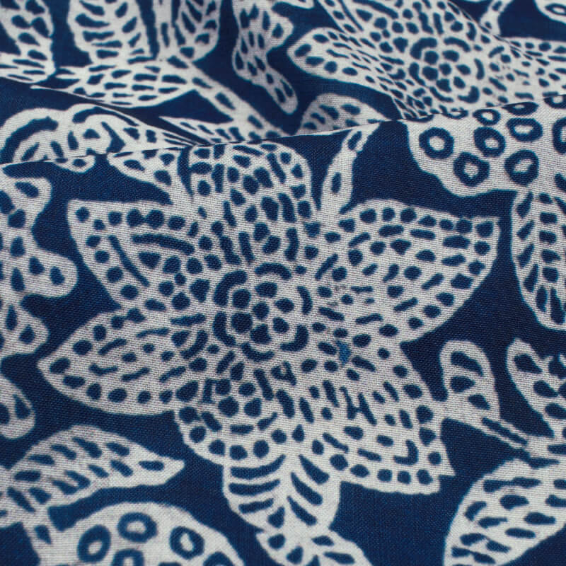 White And Navy Blue Floral Pattern Digital Printed Muslin Fabric - Fabcurate