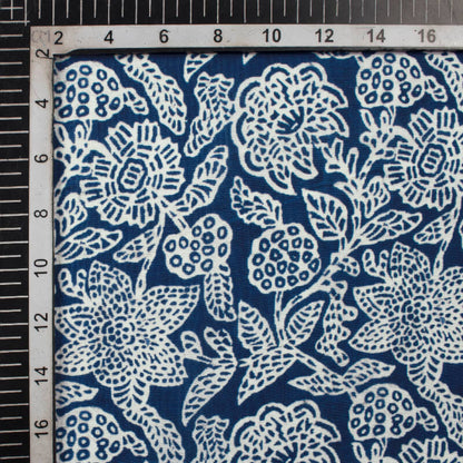 White And Navy Blue Floral Pattern Digital Printed Muslin Fabric - Fabcurate