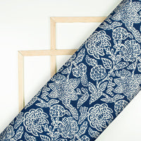 White And Navy Blue Floral Pattern Digital Printed Muslin Fabric - Fabcurate