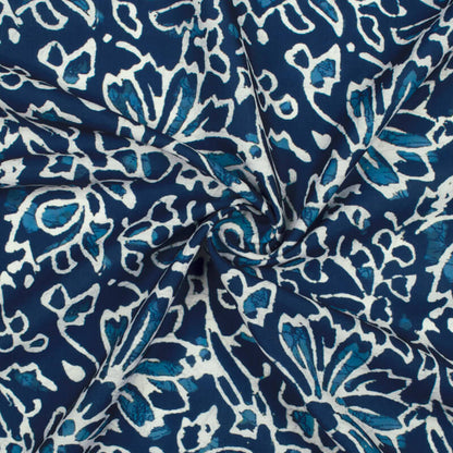 Navy Blue And White Floral Pattern Digital Printed Muslin Fabric - Fabcurate