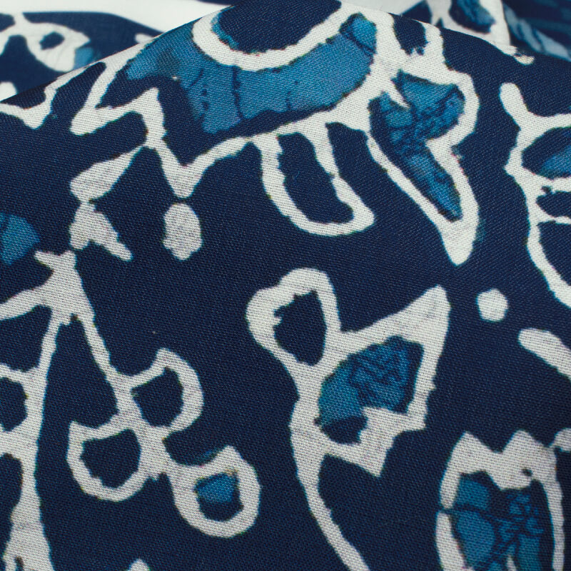 Navy Blue And White Floral Pattern Digital Printed Muslin Fabric - Fabcurate
