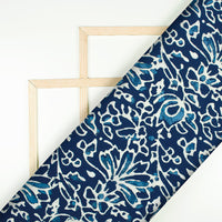 Navy Blue And White Floral Pattern Digital Printed Muslin Fabric - Fabcurate