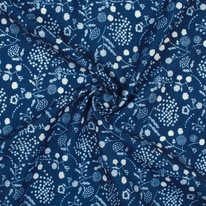 Navy Blue And White Floral Pattern Digital Printed Muslin Fabric - Fabcurate