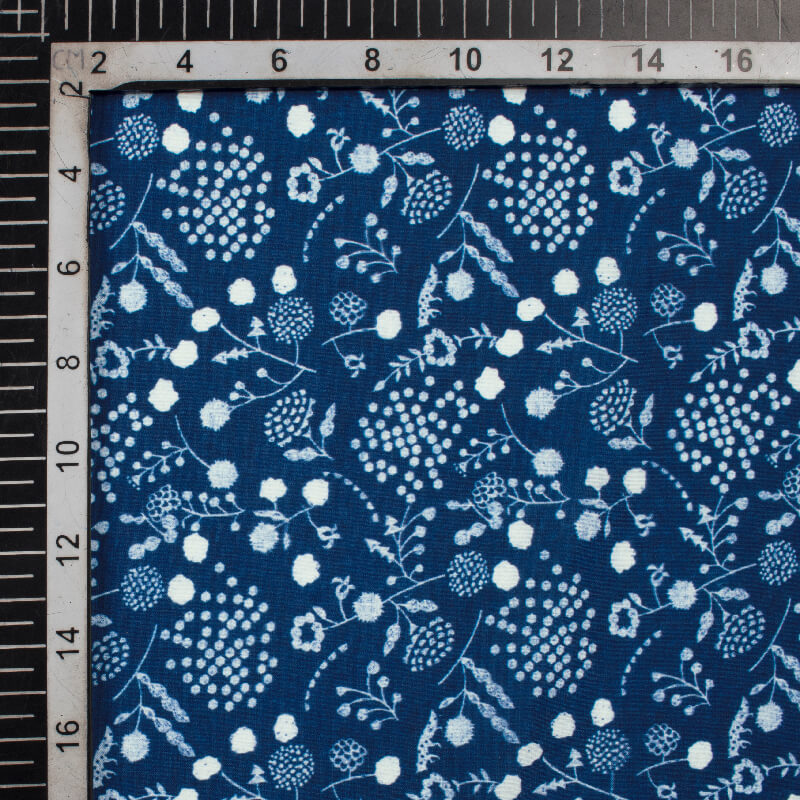 Navy Blue And White Floral Pattern Digital Printed Muslin Fabric - Fabcurate