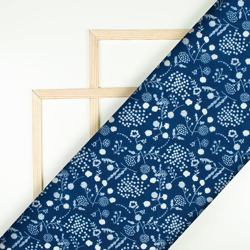Navy Blue And White Floral Pattern Digital Printed Muslin Fabric - Fabcurate
