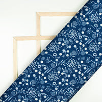 Navy Blue And White Floral Pattern Digital Printed Muslin Fabric - Fabcurate