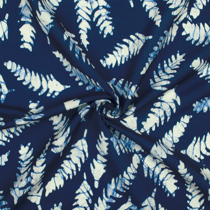 Navy Blue And White Leaf Pattern Digital Printed Muslin Fabric - Fabcurate