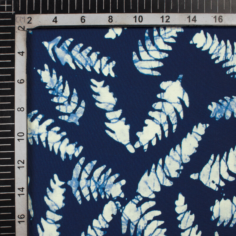 Navy Blue And White Leaf Pattern Digital Printed Muslin Fabric - Fabcurate