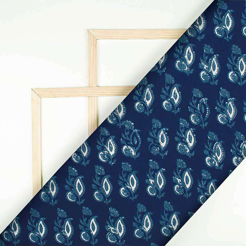 Navy Blue And White Booti Pattern Digital Printed Muslin Fabric - Fabcurate
