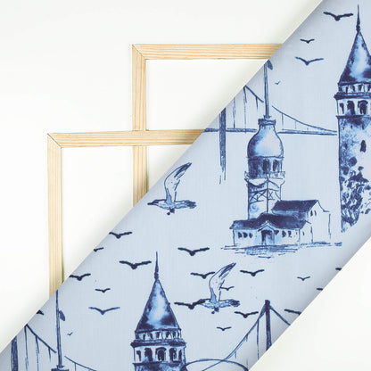Navy Blue And White Quirky Pattern Digital Printed Muslin Fabric