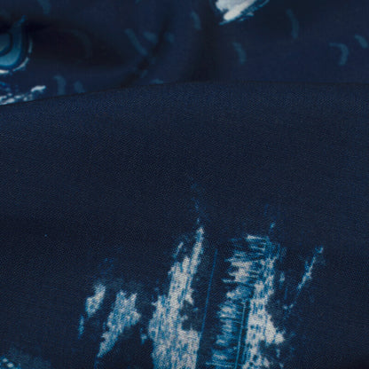 Navy Blue And White Quirky Pattern Digital Printed Muslin Fabric - Fabcurate