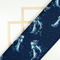 Navy Blue And White Quirky Pattern Digital Printed Muslin Fabric - Fabcurate