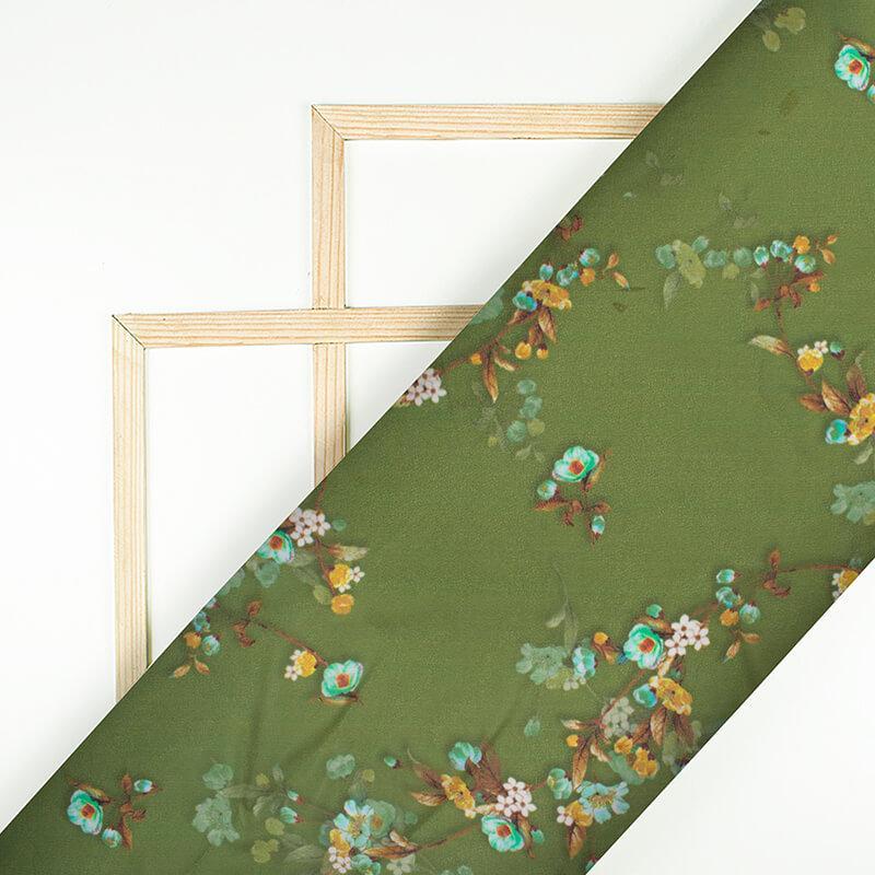 Olive Green And Beige Floral Pattern Digital Print Georgette Fabric