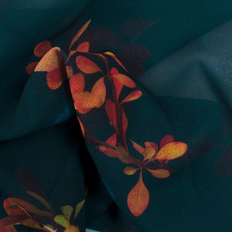 Prussian Blue And Marmalade Orange Floral Pattern Digital Print Georgette Fabric
