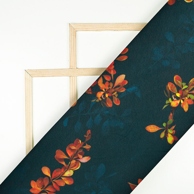 Prussian Blue And Marmalade Orange Floral Pattern Digital Print Georgette Fabric - Fabcurate