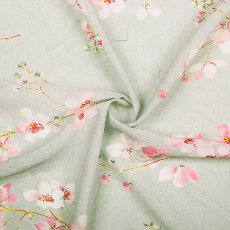 Annapolis Green And Rose Pink Floral Pattern Digital Print Georgette Fabric