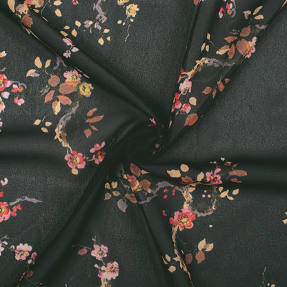 Black And Brown Floral Pattern Digital Print Georgette Fabric
