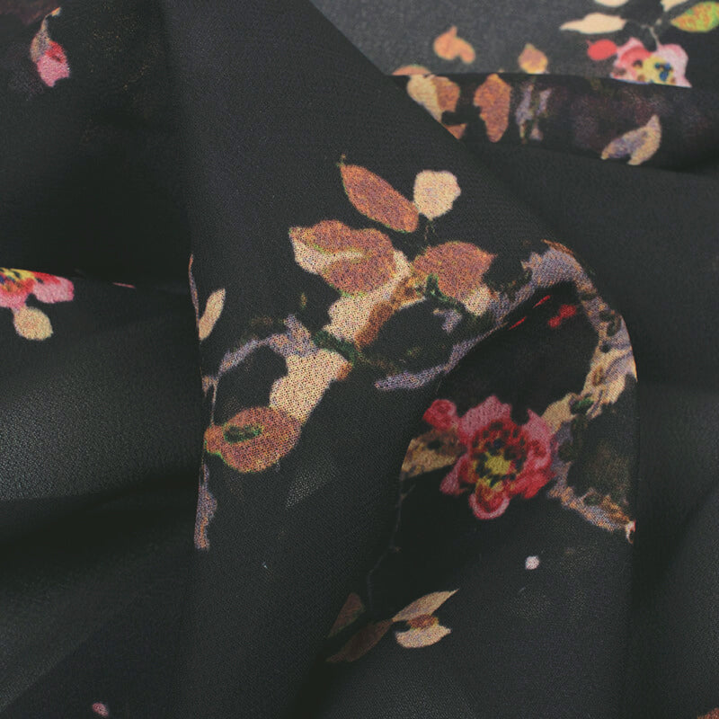 Black And Brown Floral Pattern Digital Print Georgette Fabric