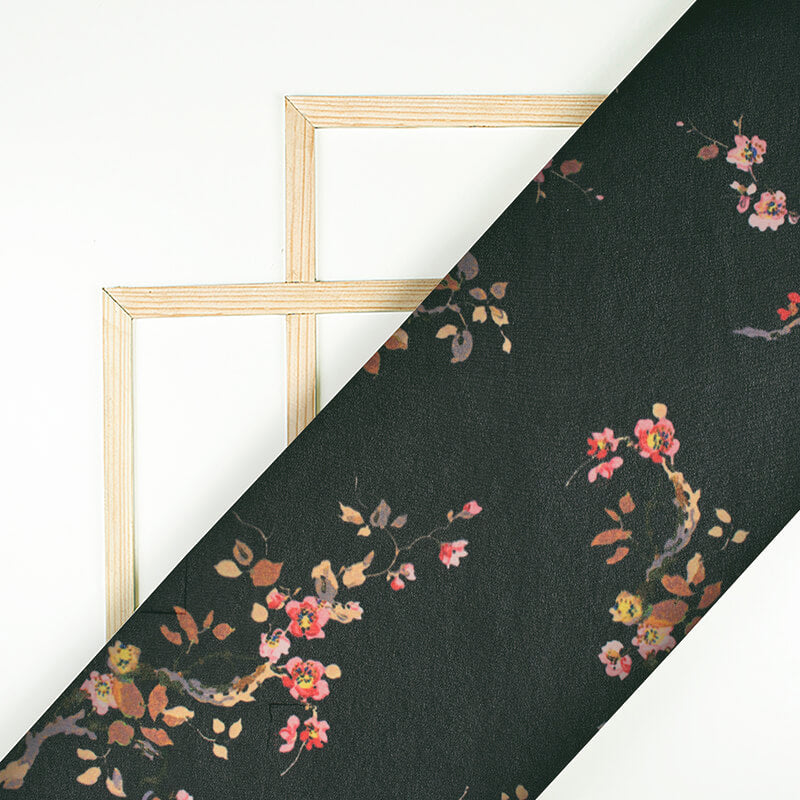 Black And Brown Floral Pattern Digital Print Georgette Fabric - Fabcurate