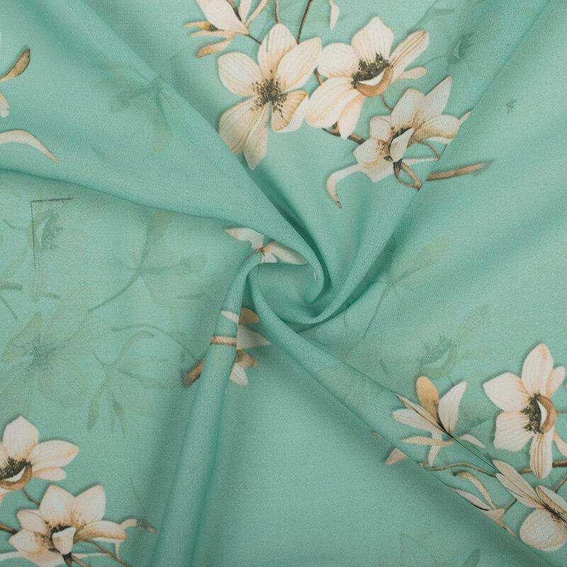 Mint Green And White Floral Pattern Digital Print Georgette Fabric - Fabcurate
