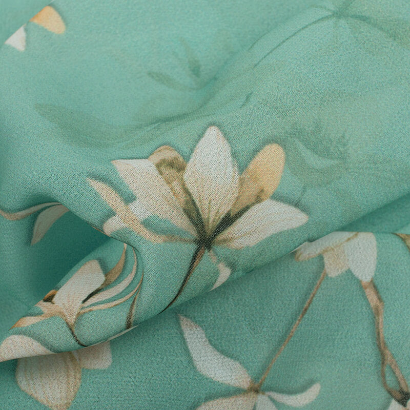 Mint Green And White Floral Pattern Digital Print Georgette Fabric
