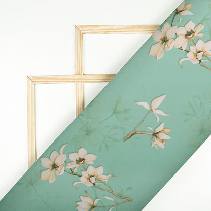 Mint Green And White Floral Pattern Digital Print Georgette Fabric - Fabcurate