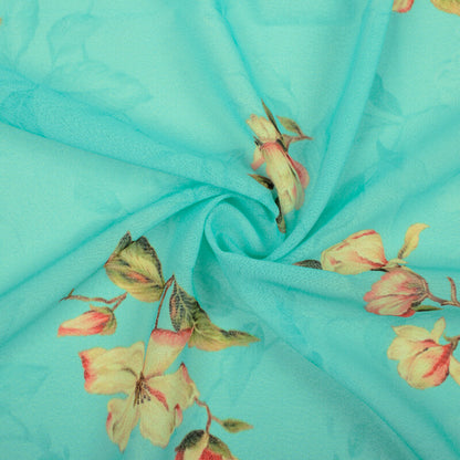 Turquoise Blue And Pink Floral Pattern Digital Print Georgette Fabric