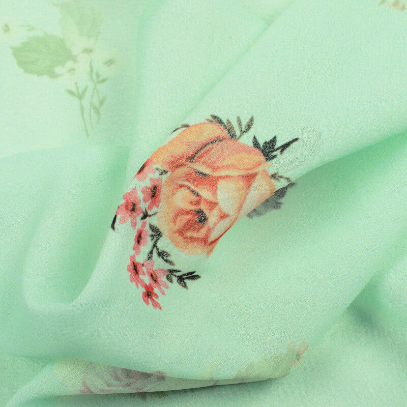 Light Pistachio Green And Pink Floral Pattern Digital Print Georgette Fabric