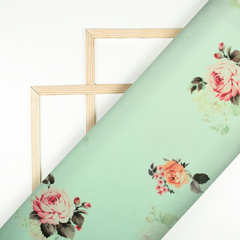 Light Pistachio Green And Pink Floral Pattern Digital Print Georgette Fabric - Fabcurate