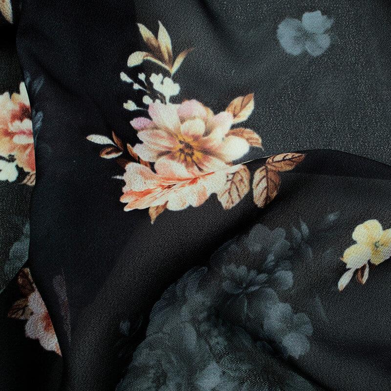 Dark Grey And Peach Floral Pattern Digital Print Georgette Fabric