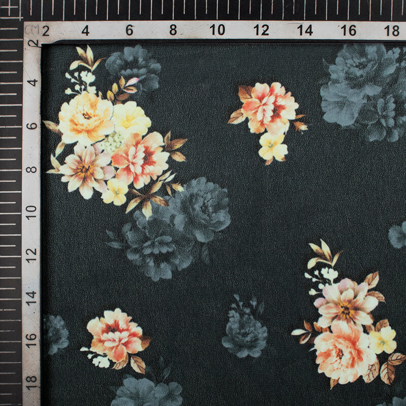 Dark Grey And Peach Floral Pattern Digital Print Georgette Fabric